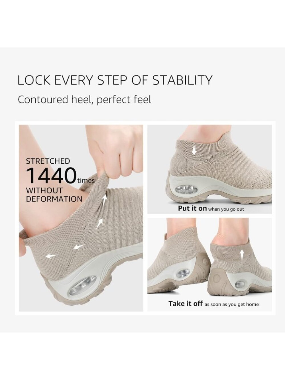 Women's Light Taupe Arch Support Non Slip Breathable Knit Upper Sneaker Shoes - Picture 6 of 6
